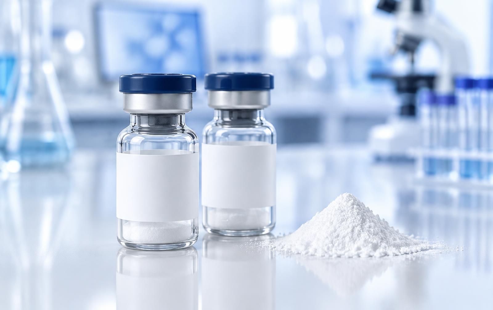 Frascos de laboratorio con péptido liofilizado